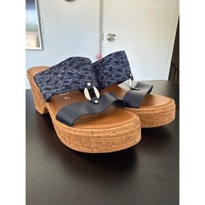 OSCANELLA ITALY Blue Straw Slip On Double Band Platform Sandals Size 9.5